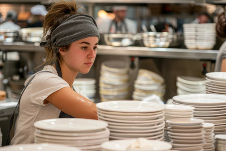 A woman wearing a grey headband is seen in a well-lit kitchen, working with stacks of white plates.の素材