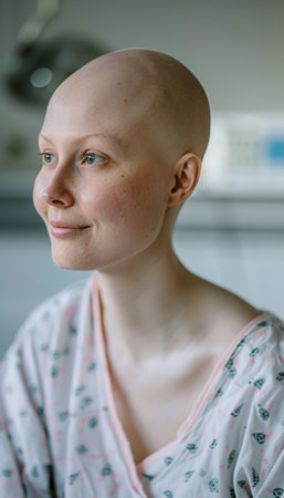 A cheerful woman with a shaved head smiles in a hospital setting, wearing a gown.の素材