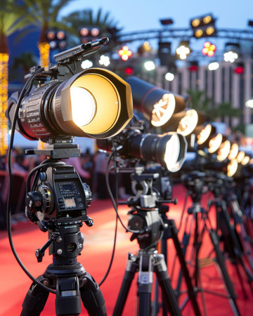 Professional cameras and spotlights set up on tripods, capturing an event on a red carpet with blurred lights and palm trees in the background, indicating a high-profile or glamorous event.の素材