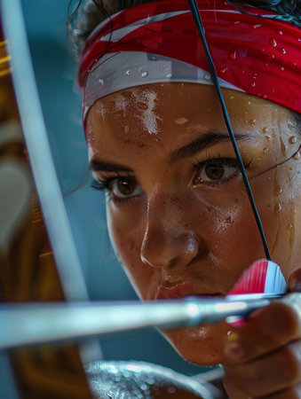 Close-up of a female archer with a red headband, focused intensely on aiming her bow and arrow, sweat on her face highlighting the effort and concentration required in archery.の素材