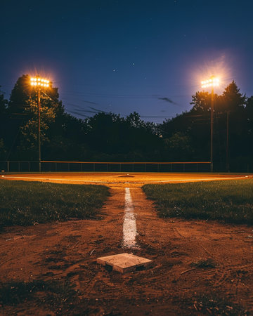 Nighttime view of an empty baseball field, focusing on home plate with illuminated field and dark sky.の素材
