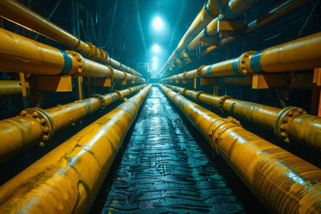 Industrial scene with yellow pipelines in a dark setting, illuminated by overhead lights.の素材
