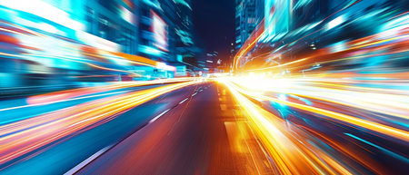 Long exposure of city traffic at night with vibrant light trails and urban buildings.の素材