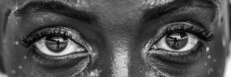 A close-up of a person's eyes, reflecting a surreal, dreamlike scene with a silhouetted figure against a shimmering, textured backdrop.の素材