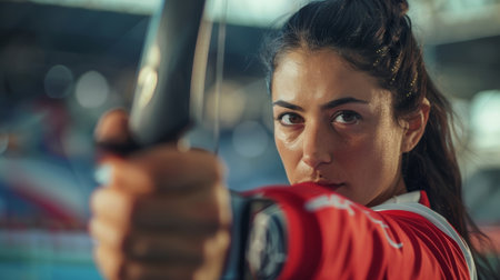 A focused woman in a red shirt practices archery in a stadium, aiming her bow and arrow with determination.の素材