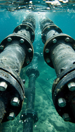 Underwater pipeline with flanges and bolts, amidst bubbles against a clear blue sea backdrop.の素材