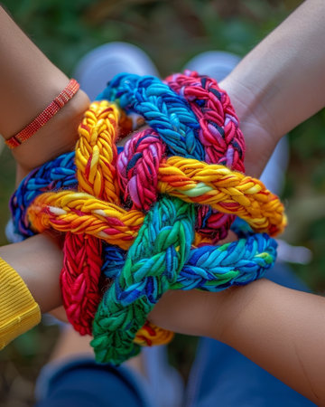 Colorful intertwined ropes held in hands, showcasing a variety of textures and patterns.の素材