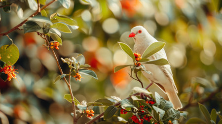 A white pigeon sits on a branch of a bush with red flowersの素材