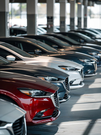 A row of new cars parked in a sunlit showroom, casting long shadows.の素材
