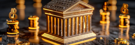A golden bank building surrounded by various currency symbols, symbolizing global finance and investment.の素材
