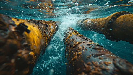 Underwater view between rusty pipelines with bubbles and marine growth.の素材