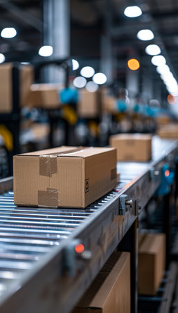 Cardboard boxes on conveyor belt in warehouse, focus on foreground, blurred background with shelves.の素材