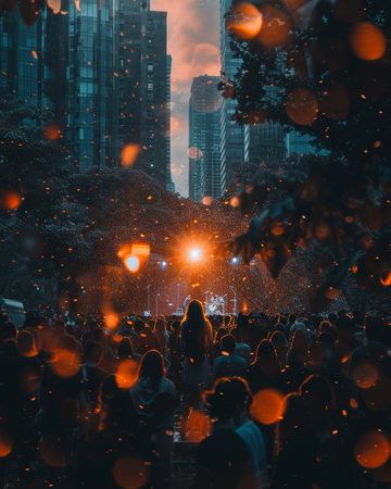Evening city event with crowd of people, illuminated by warm lights, surrounded by trees and skyscrapers.の素材