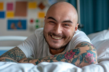 A bald man with tattoos lies in bed, smiling. The well-lit room features a window, white sheet, and pillow.の素材