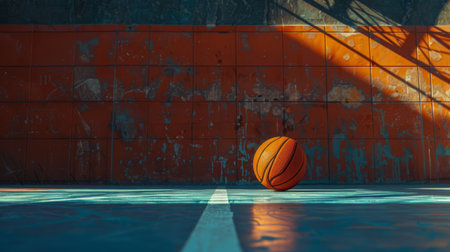 Outdoor basketball court with close-up of ball on bright sunny day backgroundの素材