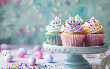 Colorful cupcakes on a pastel cake stand, decorated with sprinkles, against a soft blue backgroundの素材