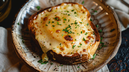 Welsh rarebit, a classic British dish of toasted bread topped with a rich, savory cheese sauce, served on a vintage ceramic plate. The traditional flavors and textures of Welsh culinary heritageの素材