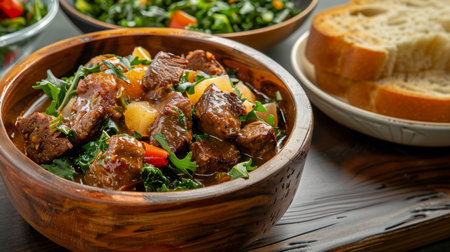 Zimbabwean sadza, a traditional cornmeal porridge, served in a wooden bowl with a side of greens and meat stew. This ethnic comfort food showcases the staple ingredients and homestyle cookingの素材