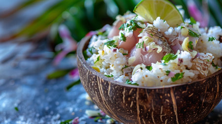 Authentic Fijian kokoda featuring fresh raw fish marinated in tangy lime juice and creamy coconut milk, served in a traditional coconut shell bowl. This vibrant and flavorful Pacific island dishの素材