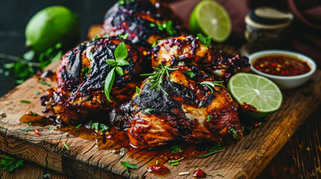 Jamaican jerk chicken, its flavors enhanced by a fiery seasoning blend, is grilled to perfection and served on a rustic wooden plank. Charred limes and a zesty sauce complete this vibrant tasteの素材