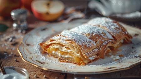 Authentic Austrian apfelstrudel, a flaky pastry filled with sweet apples, dusted with powdered sugar, and served with a side of rich vanilla sauce, captured on an antique plateの素材