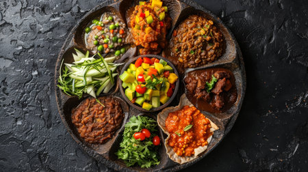 A traditional Ethiopian injera platter featuring a variety of spicy stews and vibrant vegetable side dishes. This authentic, homemade spread showcases the rich and flavorful cuisine of Ethiopiaの素材