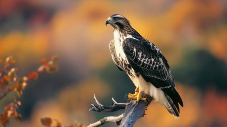 A majestic hawk perched on an autumn branchの素材