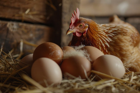Hen in coop surrounded by eggs, gazing at cameraの素材