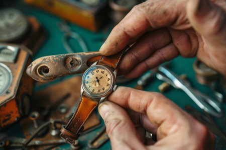 Close-up of a hand holding a vintage wristwatch with a leather strap, surrounded by various old watches and parts on a tableの素材