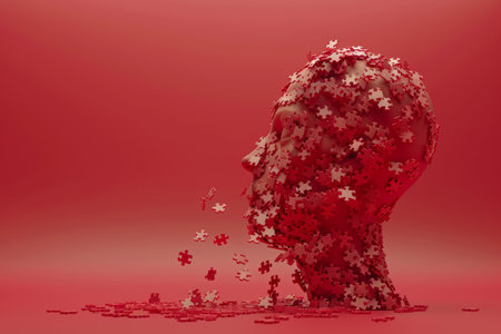 A red background with puzzle pieces forming the shape of a head that appears to be falling apart, creating a sense of disarray and chaosの素材