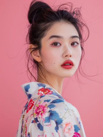 A young Asian woman radiates with a blush of freckles, her floral attire blending seamlessly with the playful pink backgroundの素材