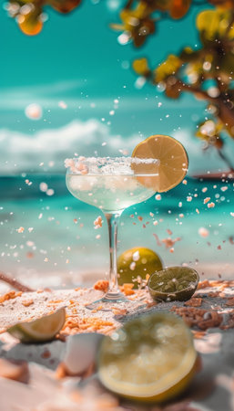Margarita glass with lime slice and salt rim, splashing on sandy beach with oceanの素材