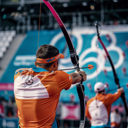 Male athlete aims arrow with intense focus during sunny outdoor competitionの素材