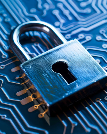 Padlock on computer circuit board, representing digital security and data protectionの素材