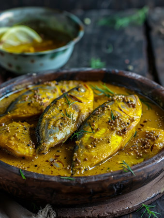 A traditional Bangladeshi delicacy, Hilsa fish curry, cooked with aromatic spices like turmeric and mustard seeds, served in a classic bowl. A delicious taste of Bengali cuisineの素材