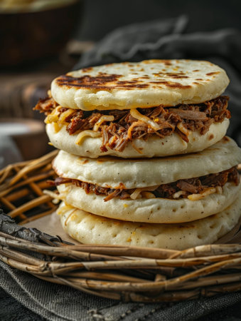 Authentic Venezuelan arepas, cornmeal cakes filled with cheese, pulled pork, or beans, beautifully presented in a rustic woven basketの素材