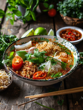 A traditional Myanmar dish, Mohinga, served in a bowl. This savory fish broth soup with noodles and lemongrass is a staple of Burmese cuisineの素材