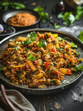A tantalizing plate of traditional Sri Lankan kottu, featuring chopped roti stir-fried with a medley of fresh vegetables and succulent chicken pieces. A true delight for the sensesの素材