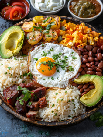 A vibrant display of Colombian cuisine, featuring a large round platter of bandeja paisa. This hearty meal includes beans, rice, pork, a slice of avocado, and a fried eggの素材