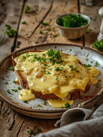 A delicious serving of traditional Welsh Rarebit - toasted bread topped with a savory cheese sauce, presented on a vintage ceramic plate. A classic British comfort foodの素材