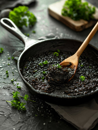 Traditional Croatian dish, Crni Rizot. A delicious black risotto made with squid ink, served in a skillet. A gourmet seafood delight from the Mediterraneanの素材