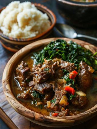 A traditional Zimbabwean meal featuring a bowl of sadza cornmeal porridge, accompanied by a savory meat stew and fresh greensの素材
