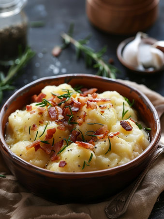 A close-up shot of a traditional Slovakian dish, bryndzovy halusky. The image showcases potato dumplings topped with sheep cheese and bacon served in a rustic bowlの素材