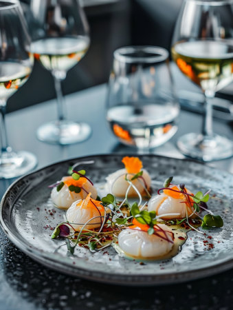 Traditional Icelandic dish of hakarl, fermented shark, served on a rustic plate with shots of Brennivin, a local schnappsの素材