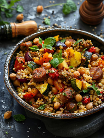Traditional Algerian couscous served in a large bowl, accompanied by a medley of fresh vegetables, protein-rich chickpeas, and spicy merguez sausage. A hearty and flavorful dishの素材