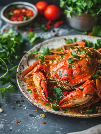 A tantalizing plate of Singaporean chili crab, smothered in a spicy tomato chili sauce and garnished with fresh herbs. A true delight for seafood loversの素材