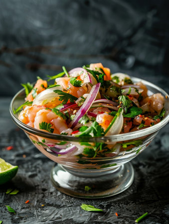 A vibrant and appetizing Peruvian ceviche served in a glass bowl, featuring fresh fish, tangy lime, crisp onion, and fragrant cilantro. A delightful showcase of traditional Latin American cuisineの素材