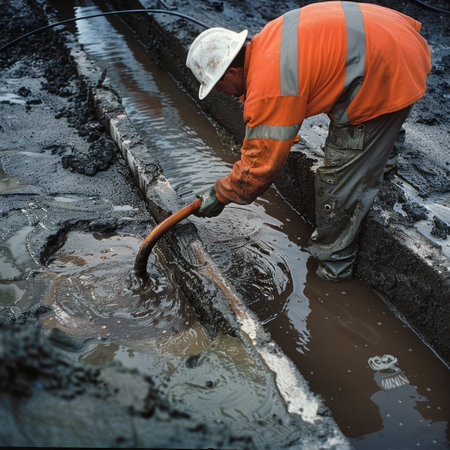 An outdoor worker in high-visibility orange gear clears mud from a canal with a shovel, a fundamental task in maintaining the city's drainage system. Image spotlights the physical nature of such jobsの素材