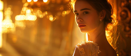 A young woman's silhouette is surrounded by a bokeh of golden lights, her features bathed in a warm, ethereal glow. The image captures the romance of the golden hourの素材