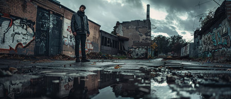 A man stands alone amidst urban decay, his presence accentuating the desolation of his surroundings. The scene is rich with textures and a sense of abandonmentの素材